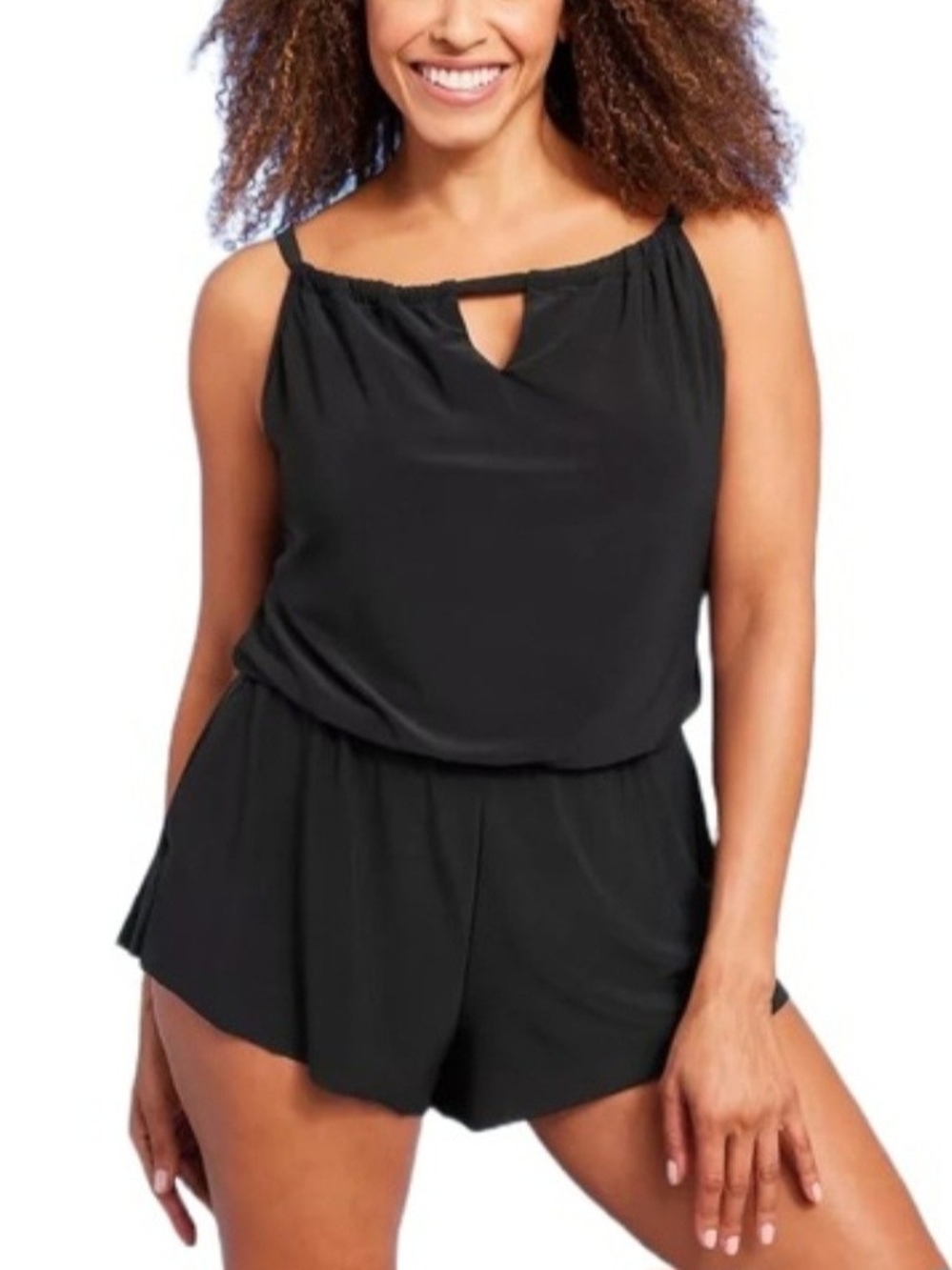 Aqua Green Women's Black Keyhole Cami Romper Bathing Suit ~ Size Large